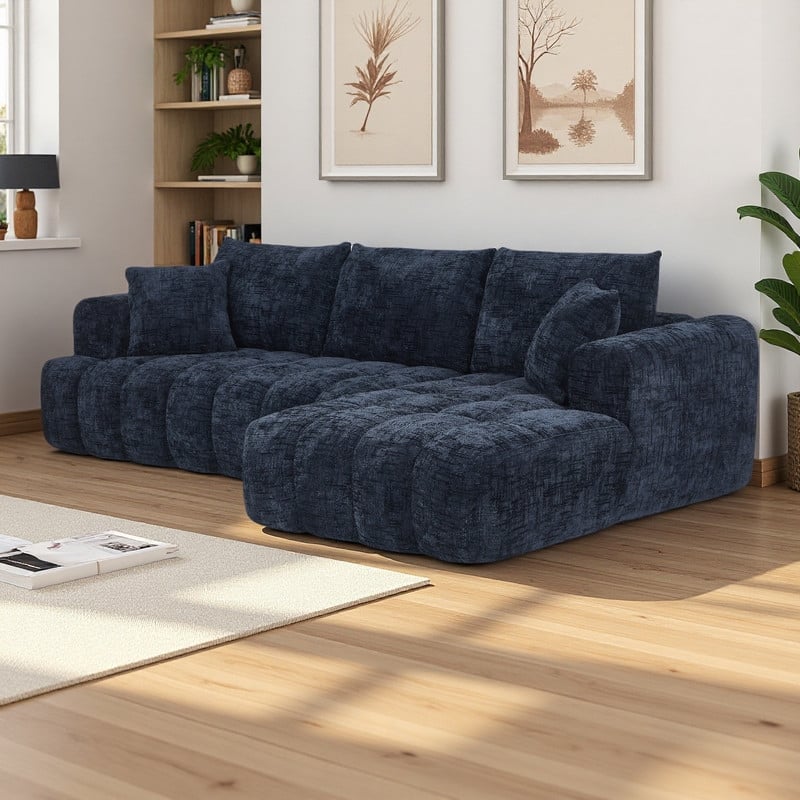 108.2" Chenille L-shaped sectional sofa with Right Facing chaise, and no assembly required,tufted design - Dark Blue
