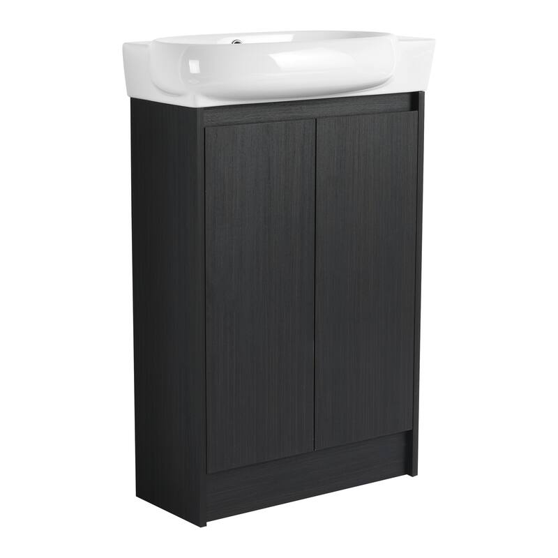 23" Bathroom Vanity with Round Ceramic Sink, Soft-Close Hinges, and Spacious Storage - Black Chestnut Finish