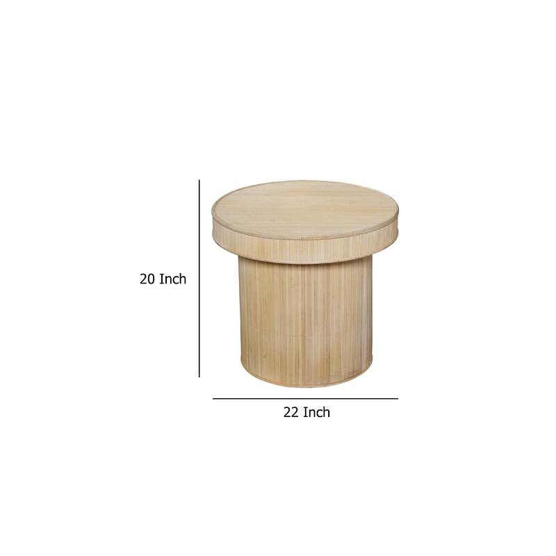 Tyl Side End Table, 22 Inch, Round Top, Cylindrical Bamboo Base, Brown