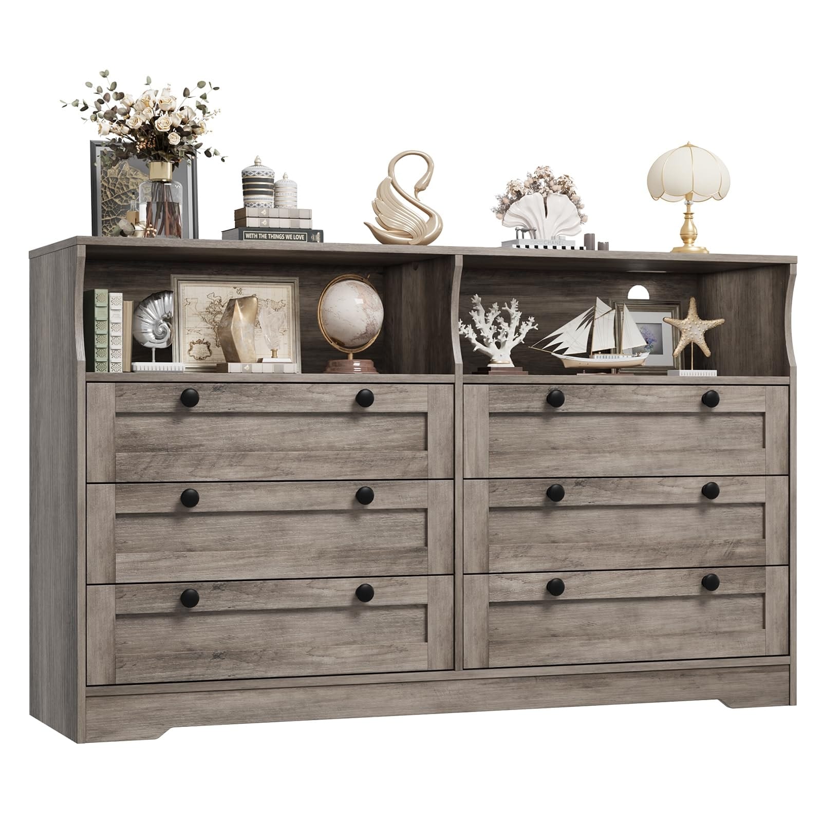 6 Drawer Dresser with RGB LED Lights, Power Outlet & 2 Open Shelves