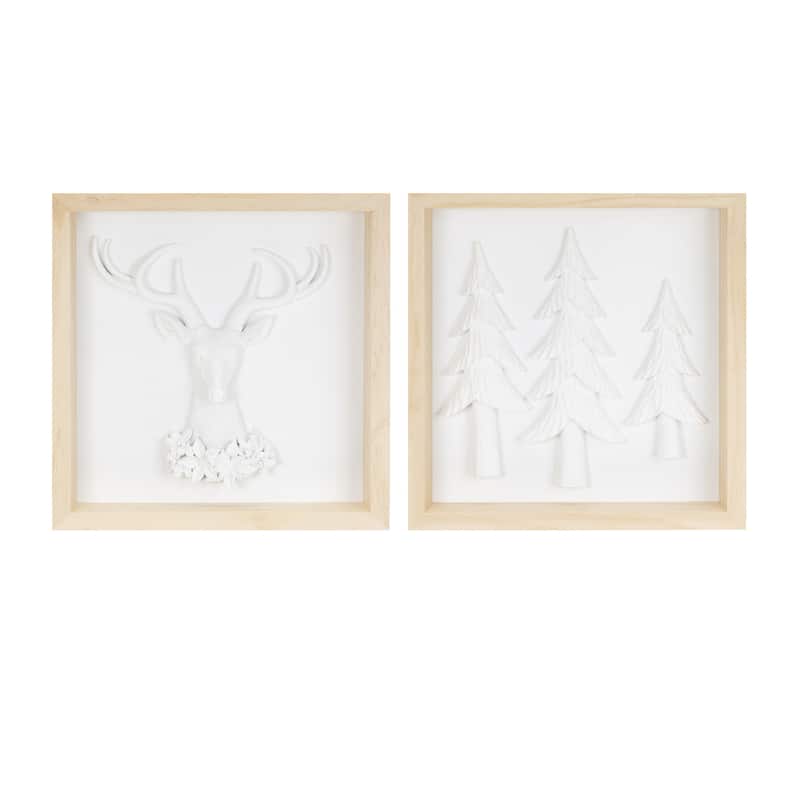 Framed Holiday Deer and Tree Artwork (Set of 2)