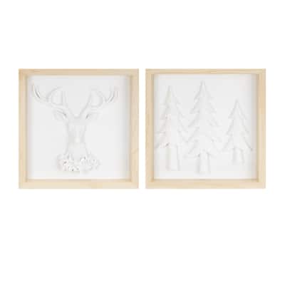 Set of Two Resin Sculpted Deer and Tree Artwork with Natural Wood Frames for Winter Decor - 11.75”L x 2”W x 11.75”H