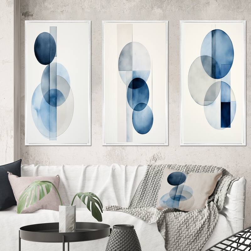 Designart "Orbicular Unity Minimal In Retro Blue II" Modern Geometric Framed Wall Art Set Of 3 For Office Decor - 38 in. wide x 20 in. high - 3 Panels - White