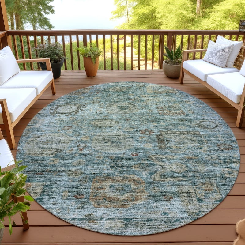 Machine Washable Indoor/ Outdoor Vintage Traditional Chantille Rug - Teal - 8' x 8'