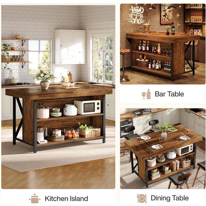 55-inch Large Kitchen Island with Storage, 3-Tier Industrial Bar Table for Kitchen, Dining Room, Brown
