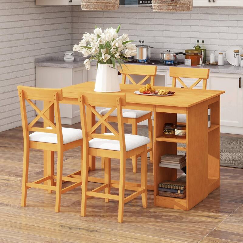 60"L x 30"W Solid Wood Farmhouse Counter Height Dining Table Set with 3-Tier Storage Shelves
