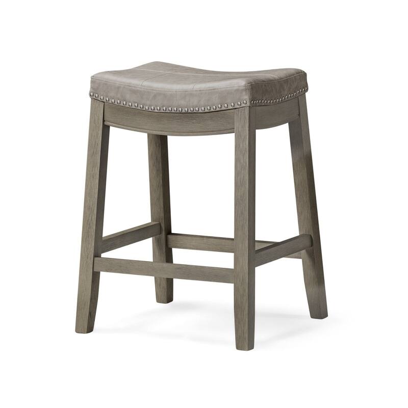 Maven Lane Sophia Saddle Kitchen Dining Stool - Aged Grey with Pebble Grey Leather Upholstery - Counter Height