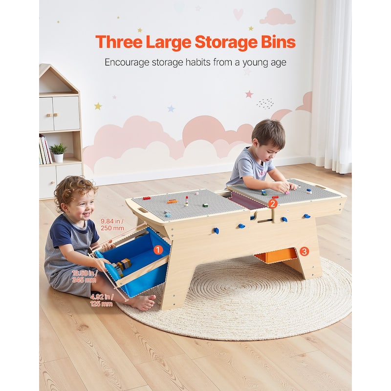 Natural Wooden Kids Table with 3 Storage Bins and Bricks - 35.6 x 19.6 x 15.5 in