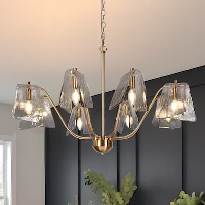 Modern Gold 8-Light Wheel Chandelier Smoky Grey Glass Lights for Dining Room Bedroom - 35.4" Dia. x 21.2" H