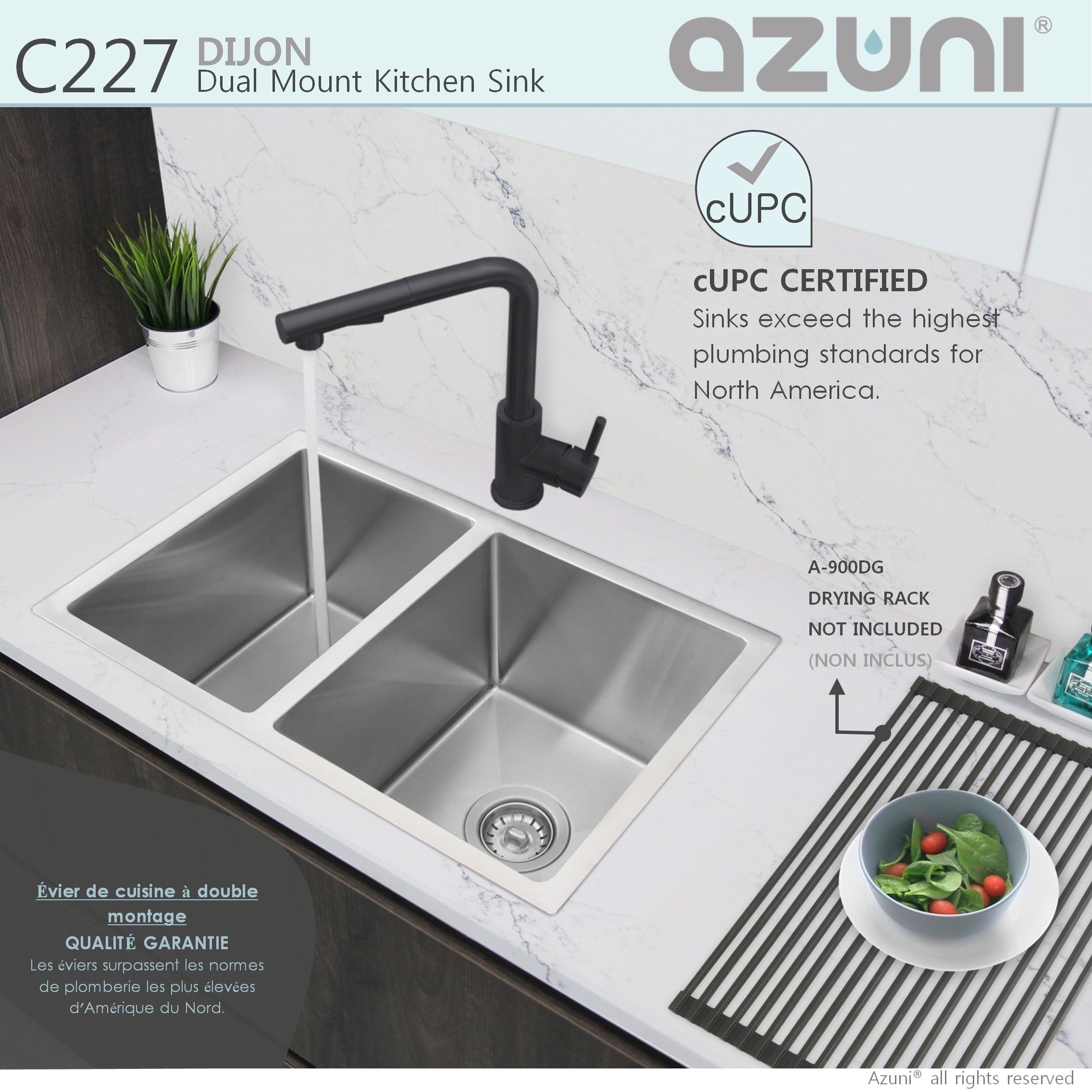 AZUNI 27 inches L x 18 inches W Double Bowl 60/40 Dual Mount