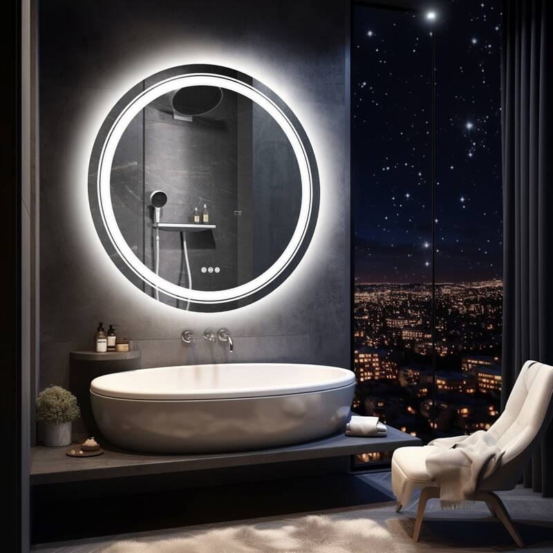 Large LED Bathroom Mirror Round Dual Light Frameless Vanity Anti-Fog - 36"x36"