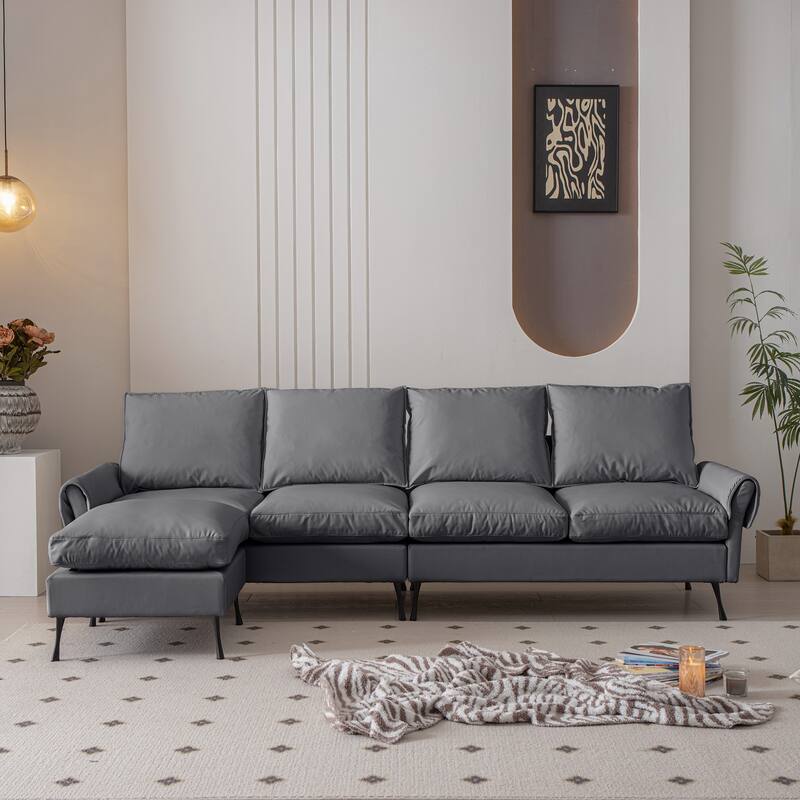 104.5"Modern Sectional L-Shaped Sofa Couch, Technical leather with Convertible Ottoman for Living Room or Apartment - DARK GREY
