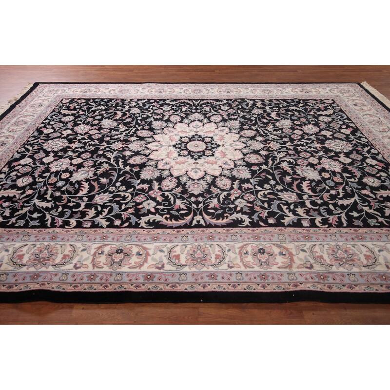 Black Floral Kashan Indian Area Rug Handmade Wool Carpet - 9'2"x 11'10"