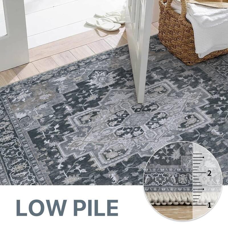 Mcow Grey Floral Low Pile Machine Washable Non-Slip Area Rug