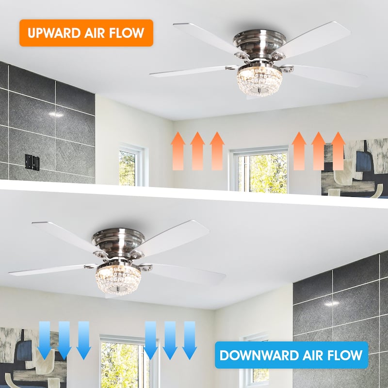 48" Satin Nickel Crystal Low Profile Ceiling Fan with Light and Remote Control