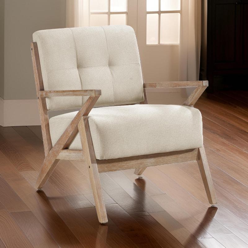 Edra 33 Inch Accent Armchair, Rubberwood Frame, Cushioned Beige Polyester