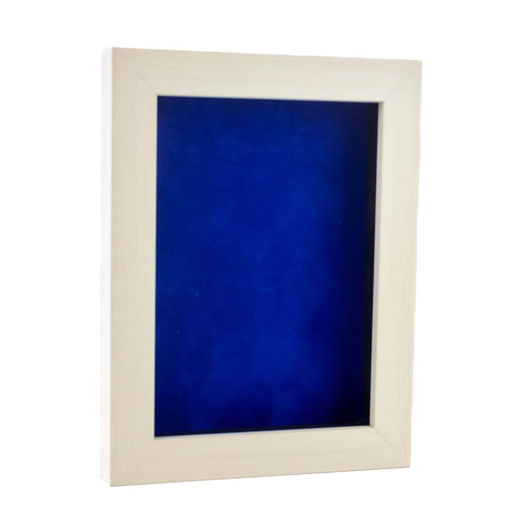 6x8 Shadow Box Frame White Washed Wood | With a 3/4" Usable Display Depth | Includes a Royal Blue Real Suede Texture Acid-Free