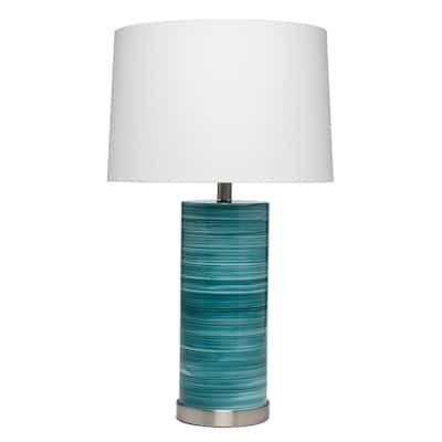 Ceramic Table Lamp with Swirling Pattern, White and Blue