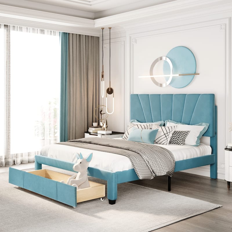 Storage Bed Velvet Upholstered Platform Bed with a Big Drawer