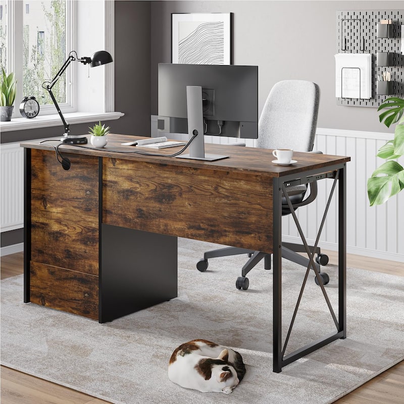 55 inch Computer Desk with Keyboard Tray and Storage Drawers