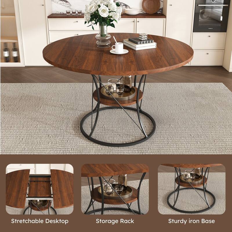 43.31" Round Extendable Wooden Dining Table with Storage Shelf and Metal Base