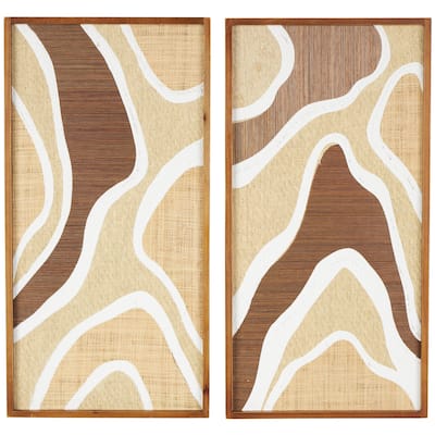 Wood Abstract Textured Wavy Home Wall Decor with White and Tan Accents - Set of 2 Brown - Roche River Decor