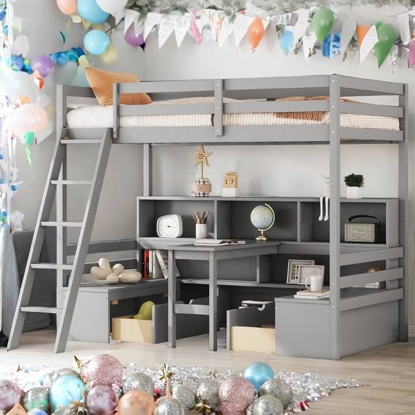 slide 2 of 16, Twin Loft Bed with Storage Shelves, Drawers, Seat and Desk,Multifunctional Space-Saving Loft Bed,Kid's Loft Bed Grey