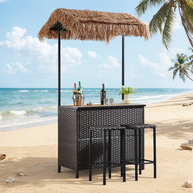 Artisan 3-Piece Wicker Outdoor Bar Set with Canopy, Storage Shelf, and 2 Height Stools - N/A