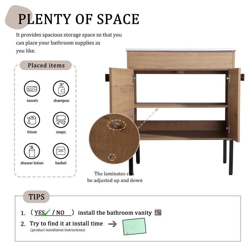 Beingnext 24"/30"/36" Bathroom Vanity with Sink, Freestanding or Floating Bathroom Vanity with 2 Doors and 1 Adjustable Shelf