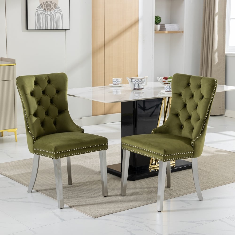 Modern High-end Tufted Velvet Dining Chair w/ Chrome Stainless Steel Plating Legs & Nailhead Trim Set of 2