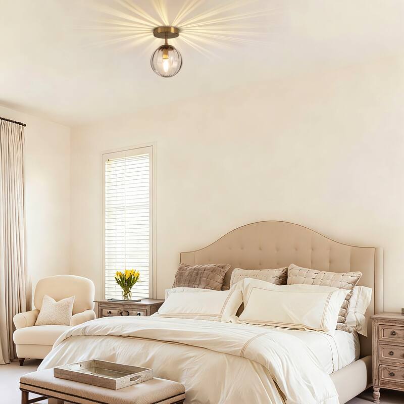 Modern Single Semi Flush Ceiling Light with Metal Base & Ribbed Gray Glass Globe Shade