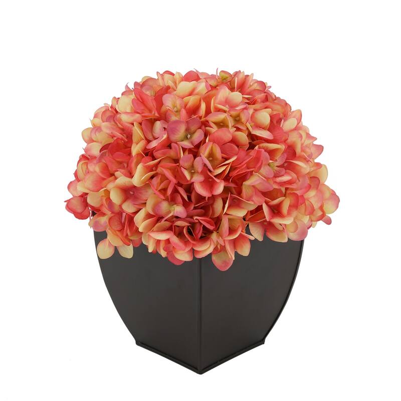 Faux Hydrangea in Matte Brown Tapered Zinc Cube - Coral