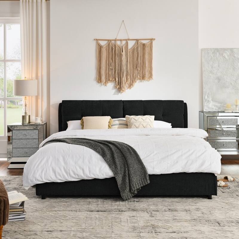 Modern King Size Chenille Storage Platform Bed with Upholstered Headboard - Black