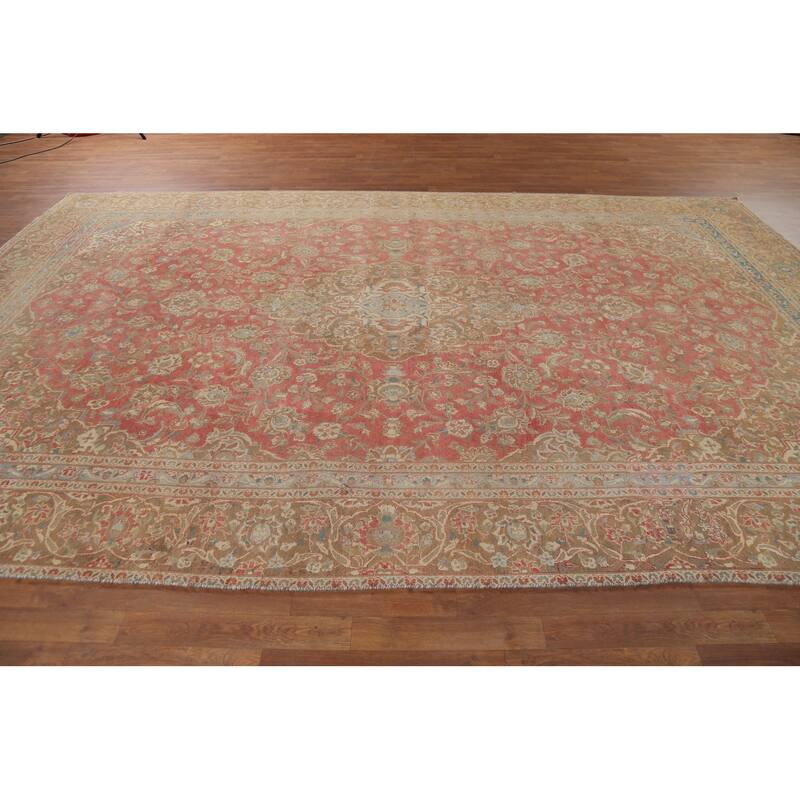Distressed Mashad Persian Vintage Rug Hand-Knotted Floral Wool Carpet - 8'10"x 13'10"