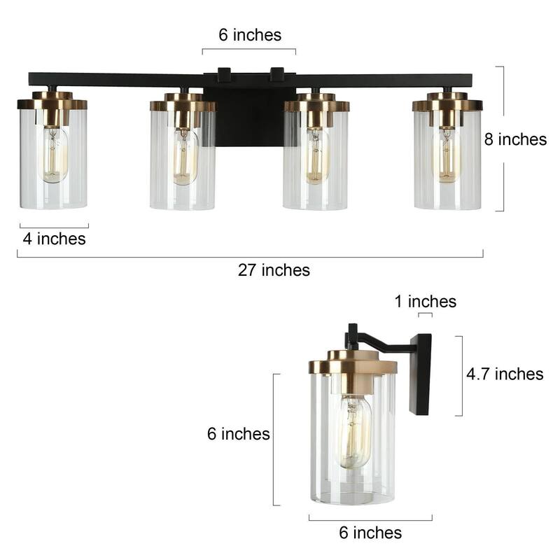 Modern Farmhouse 4-Light Black Gold Linear Bathroom Vanity Light Cylinder Glass Wall Sconce