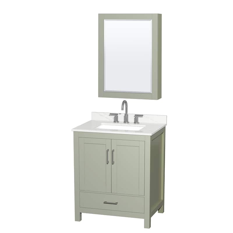 Sheffield 30-inch Single Vanity, 3 Hole Quartz Top, Med Cabinet - Light Green, Nickel Trim, Giotto Quartz Top