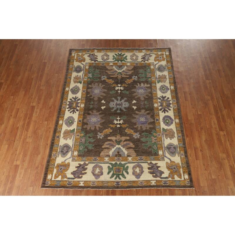 Hand Knotted Oriental 100% Wool Carpet Transitional All-Over Brown Oushak Area Rug - 8' 9'' X 6' 4''