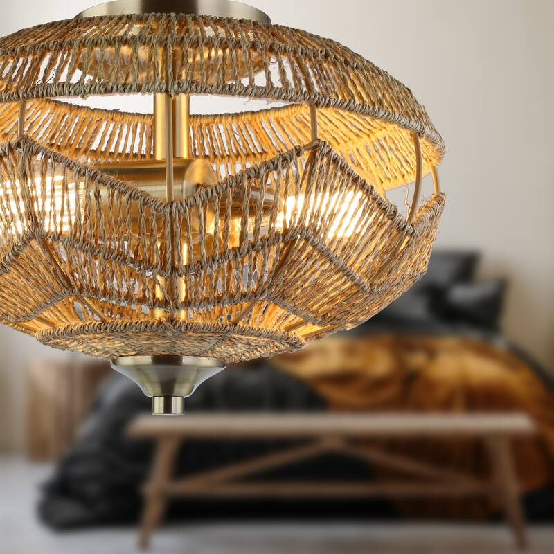 Cassian River of Goods Brushed Gold Ceiling Light with Rope Shade - Gold with Tan Rope Shade