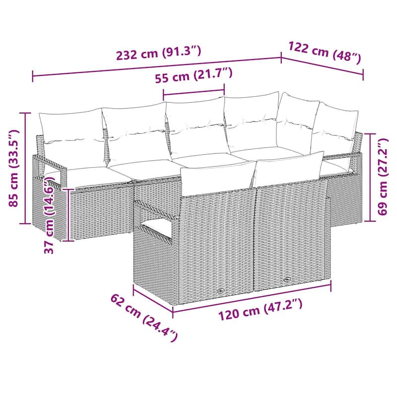 7-Piece Outdoor Sectional Sofa Set with Cushions - 91.3×48×27.2
