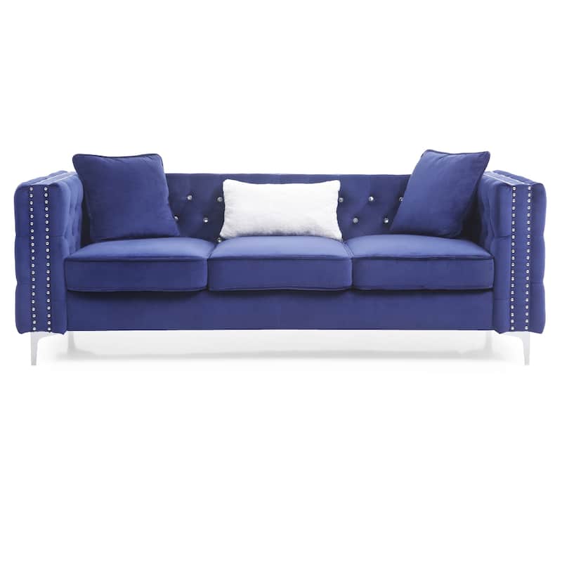 Tufted Faux Diamond Button Velvet 3-Seater Sofa with Throw Pillows - 86" - Blue