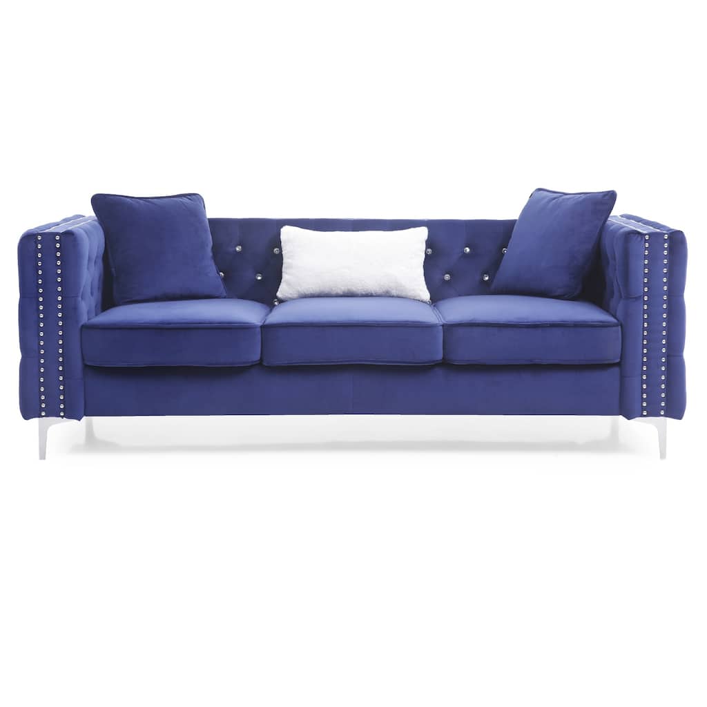 Tufted Faux Diamond Button Velvet 3-Seater Sofa with Throw Pillows - 86" - Blue