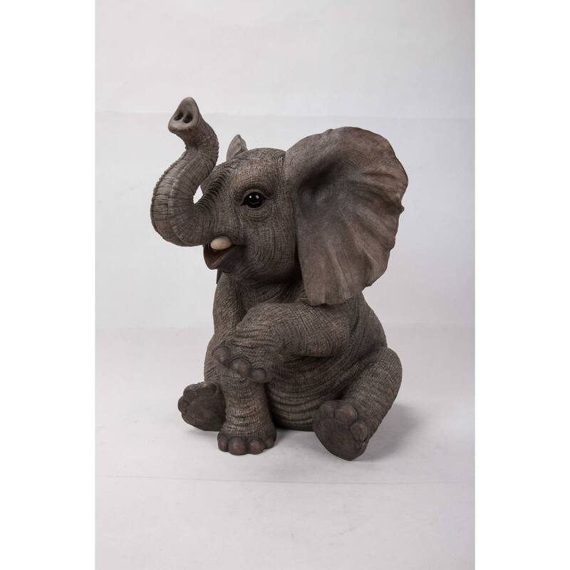 15.5" Gray Elephant Baby Sitting with Trunk Up Garden Statue