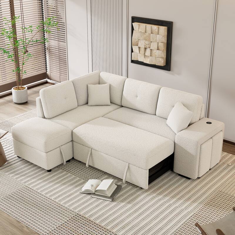 Convertible Sleeper,Sectional Pull Out Sofa Bed with Storage Ottoman,2 Throw Pillows,2 Stools,Cream