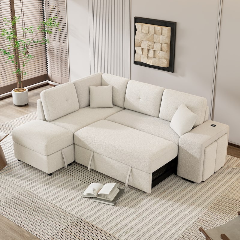 Roomfitters Convertible Sleeper Sectional Sofa Bed with Storage Ottoman, Two Throw Pillows, Two Stools, Wireless Charger