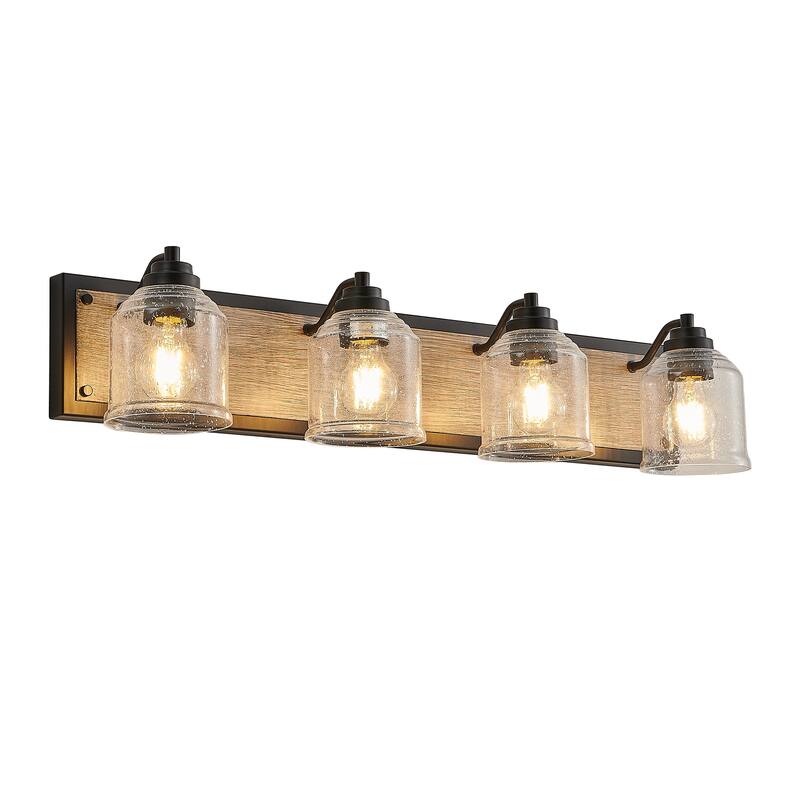 32" Farmhouse Vanity Light Fixture, 4-Light Bathroom Wall Sconce with Clear Seeded Glass Shades, Black and Wood Grain Finish