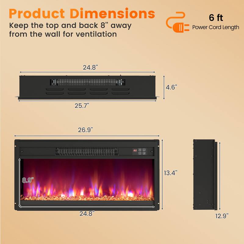 Gymax 26'' Electric Fireplace Insert Recessed 1500W Fireplace Heater