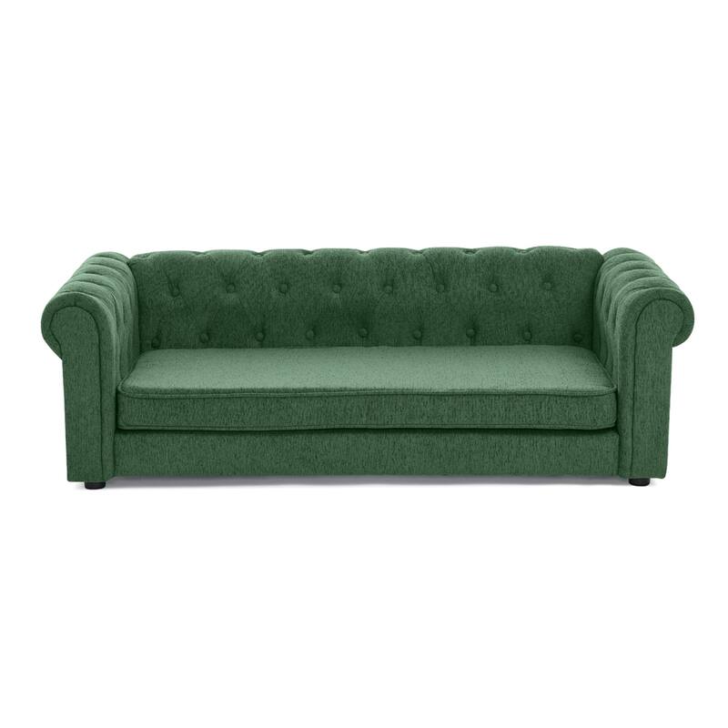 Roomfitters Upholstered Pet Sofa Chesterfield Style Elevated Dog Bed Couch with Rolled Arms & Button Tufted Cushion Seat