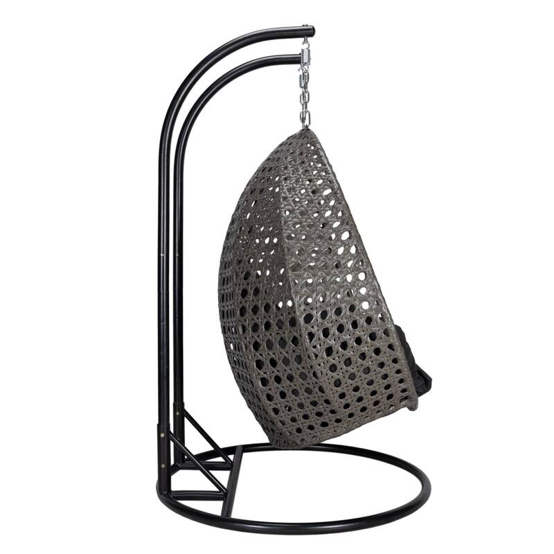 LeisureMod 2-Person Hanging Egg Swing Chair with Metal Stand - Handcrafted Charcoal Wicker, Patio Hammock Lounger with Cushions