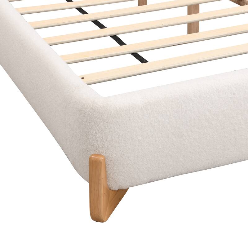 Queen Size Boucle Platform Bed with Wood Slat Solid Wood Legs Support, Upholstered Bed with Rectangular Thick Headboard