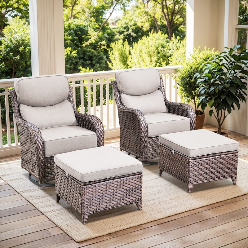 Outdoor Patio Sofa Swivel Chair with 6-Inch Thick Cushions Set - Brwon Wicker Beige Cushion - 4PCS Swivel Chair w/ Ottoman